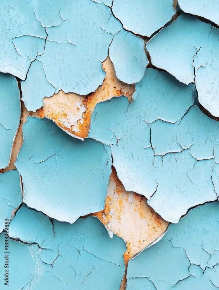 Poster detailed macro of weathered blue paint peeling from a rusty metal surface creating an abstract patte