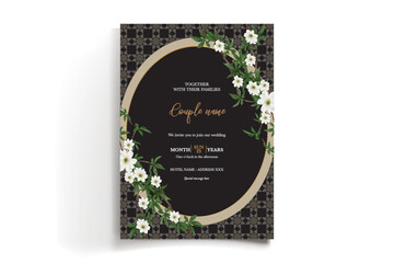 WEDDING INVITATION FRAME WITH FLOWER DECORATIONS AND FRESH LEAVES