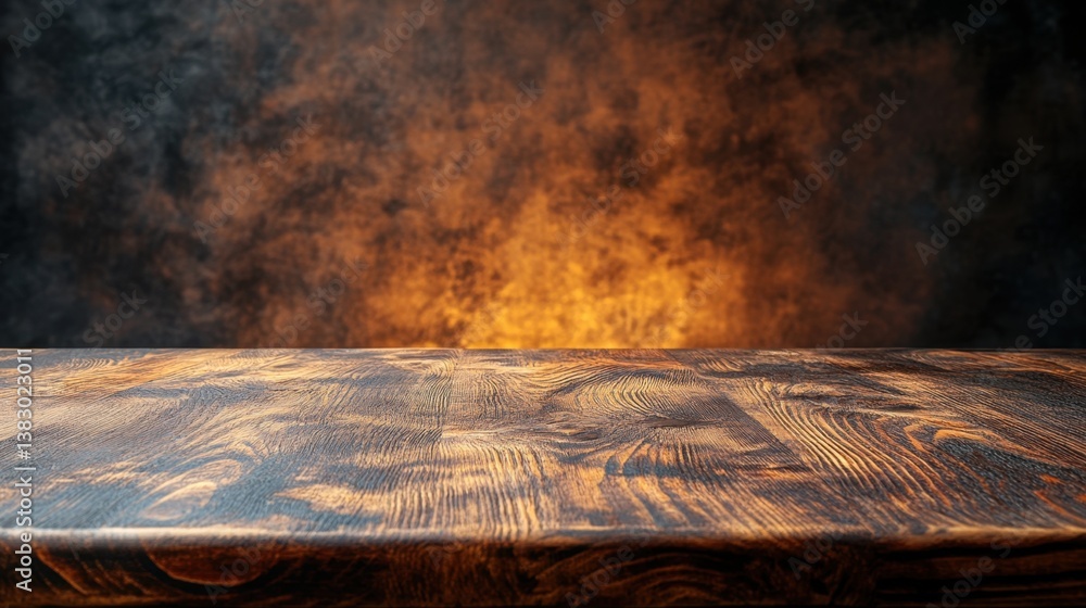 Poster rustic wooden tabletop against a blurred background of warm orange and black tones creating a cozy a