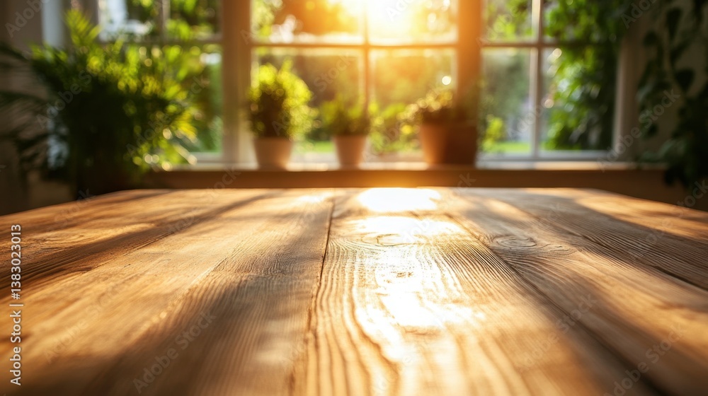 Aufkleber sunlit wooden table surface with blurred window view of green plants creating a warm and inviting at