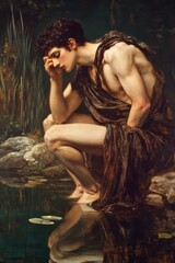 Narcissus gazing at his reflection in a serene natural setting with Echo in the background