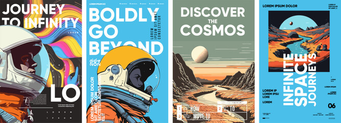 Space. Astronaut. Set of vector posters. Typography design and vectorized illustrations on the background.	
