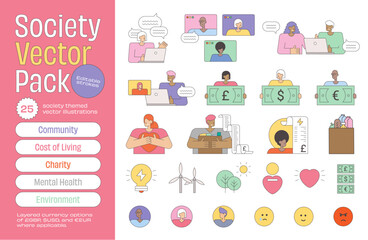 Obraz premium Society-themed vector illustration pack featuring 25 editable graphics, covering topics like community, cost of living, charity, mental health, and the environment