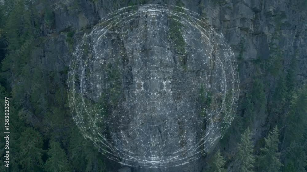 Poster network of connections and data processing animation over rocky cliff face