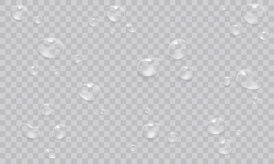 Vector water drop, drops, droplets. PNG drops, condensation on glass, on various surfaces. Realistic drops on a transparent background. Rain and dew