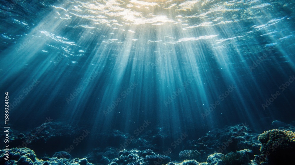 Poster a deep underwater scene with rays of sunlight filtering through.