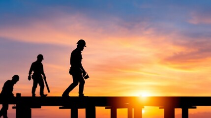 Fototapeta premium Silhouetted construction workers on a structure at sunset. Warm tones dominate the image.