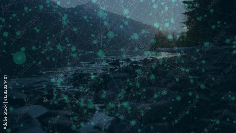 Poster network of connections and data processing animation over mountainous landscape
