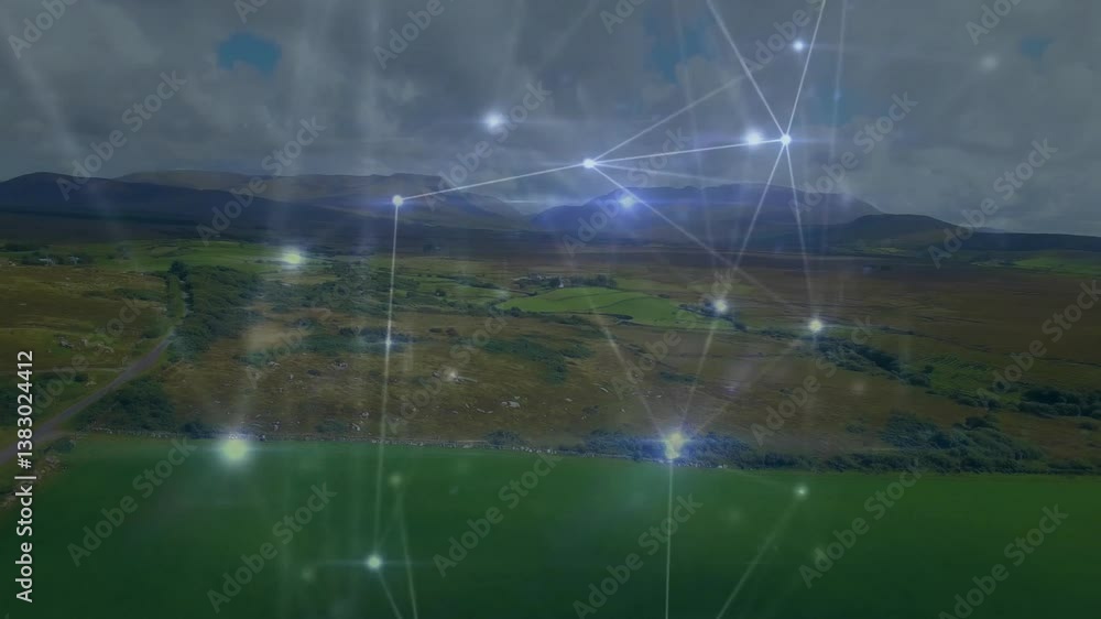 Poster network of connections and data processing animation over scenic landscape