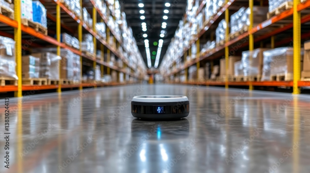 Poster a small, dark gray robot sits on a polished concrete floor in a large warehouse with rows of orange 