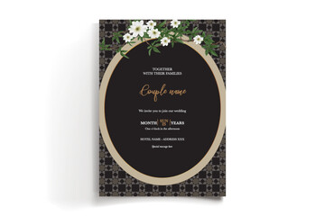 WEDDING INVITATION FRAME WITH FLOWER DECORATIONS AND FRESH LEAVES