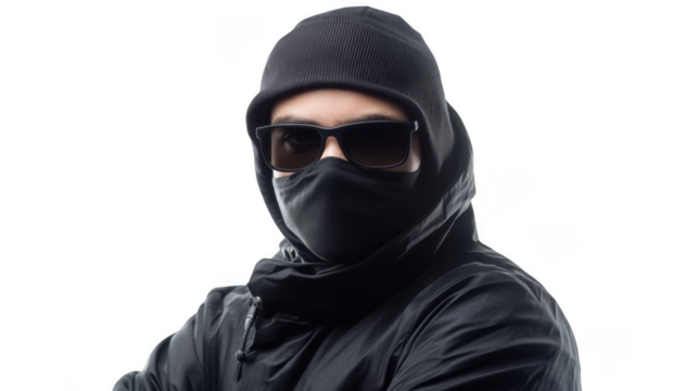 Person wearing black beanie sunglasses and face mask against a black background in a studio shot