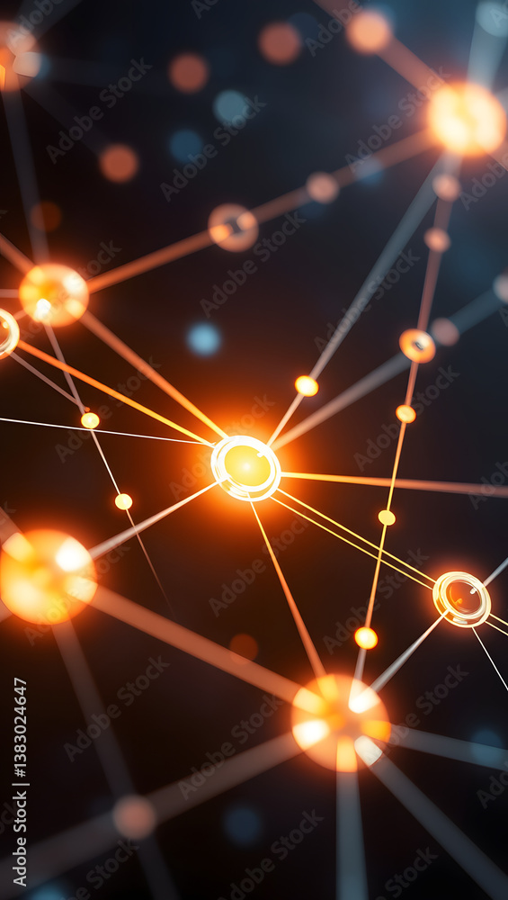 Poster vibrant network of glowing nodes connected by lines against a dark backdrop.