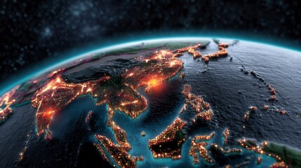 Night view of Earth from space, showing Southeast Asia's city lights illuminating the dark ocean.