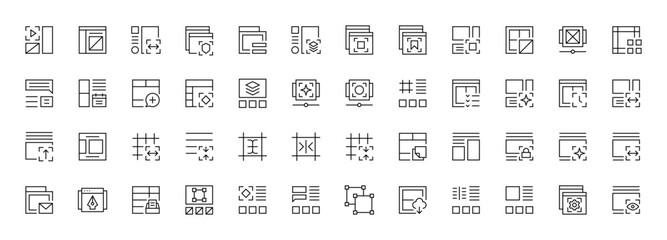 Layout icon collection. Grid icon set. User interface icons, sidebar, layout, grid system, toolbar, wireframe, alignment guide, configuration and more. Editable stroke. Pixel Perfect.