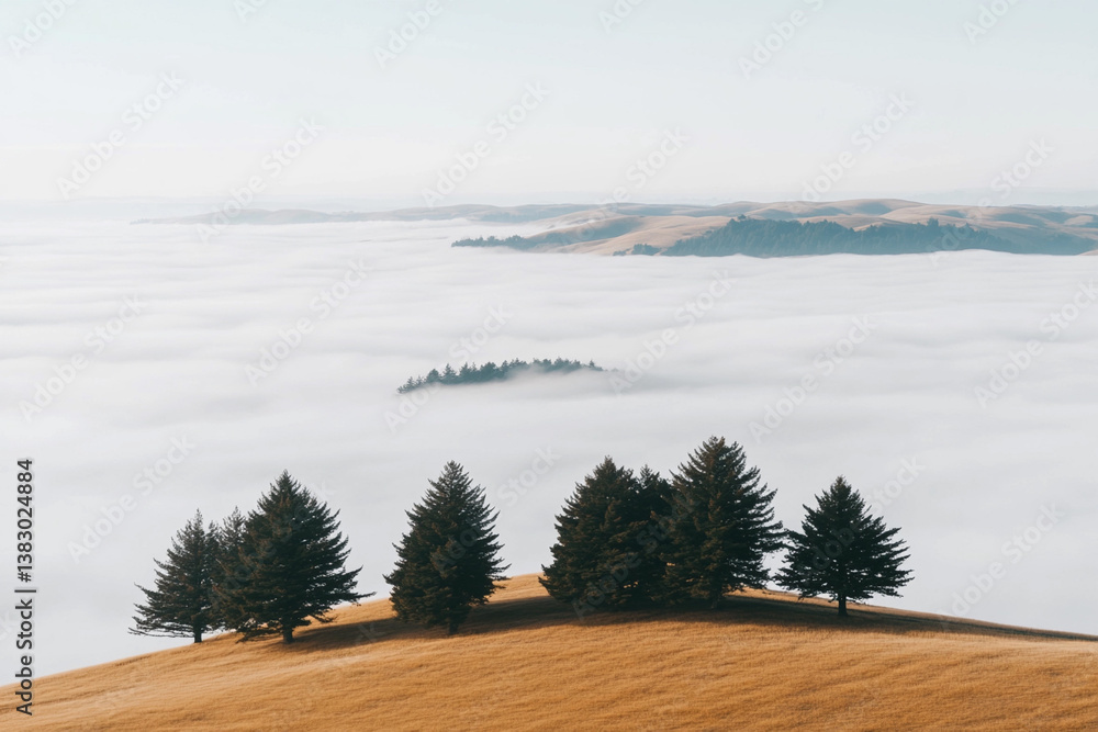 Poster dense fog envelops hillside with silhouetted trees creating an ethereal landscape at dawn