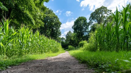 Fototapeta premium A dirt path winds through a lush green cornfield, sunlight dappling the foliage under a bright blue sky with fluffy clouds. 