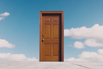 Door stands isolated in an open field under a bright sky with fluffy clouds