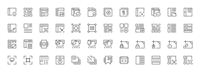 Layout icon collection. Grid icon set. User interface icons, sidebar, layout, grid system, toolbar, wireframe, alignment guide, configuration and more. Editable stroke. Pixel Perfect.