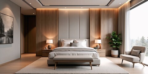 Elegant neutral bedroom designed for high-end property listings and lifestyle branding