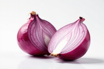 Red onion half, layered interior visible, pure white backdrop, red, layers, cooking