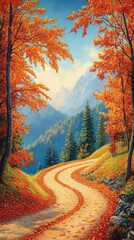 Fototapeta premium An old road twists through an autumn forest alive with deep, warm tones. Vertical.