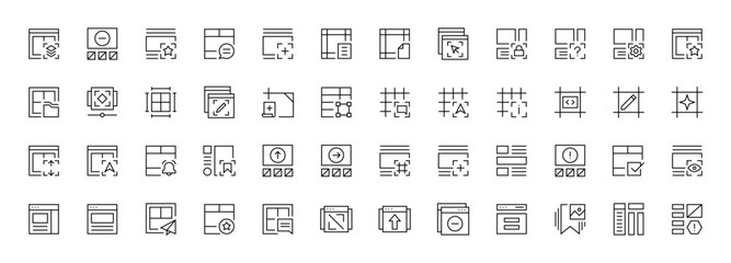 Layout icon collection. Grid icon set. User interface icons, sidebar, layout, grid system, toolbar, wireframe, alignment guide, configuration and more. Editable stroke. Pixel Perfect.
