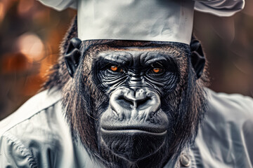Gorilla wearing a chef's hat and a white shirt