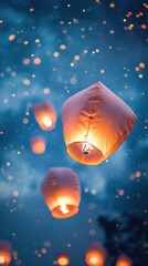 Bright lanterns rise into the night sky, merging with stars in silent flight. Vertical.