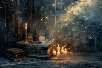 Candlelit arrangement with old books and mystical elements creates an enchanting atmosphere in a dimly lit room