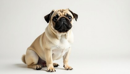 Obraz premium Adorable pug dog sits alone against white backdrop, wrinkles, isolated, purebred