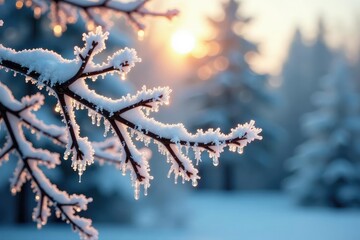 Obraz premium Branches with frost and ice on a cold morning, frozen tree, winter scene,