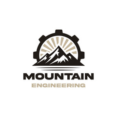 Gear cog wheel with mountain and sun for outdoor journey adventure travelling logo design