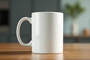 Fototapeta premium Classic white ceramic mug, handle detail visible, crockery, stoneware, beverage
