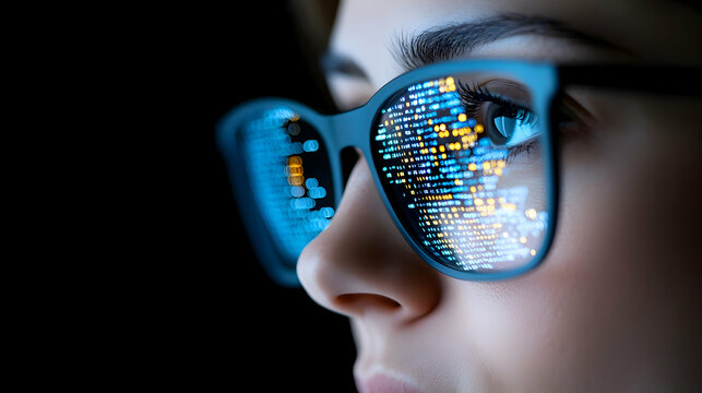 A focused developer wearing glasses to view digital technology while analyzing programming code