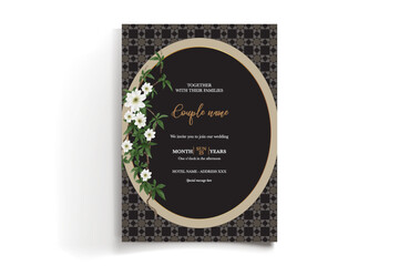 WEDDING INVITATION FRAME WITH FLOWER DECORATIONS AND FRESH LEAVES