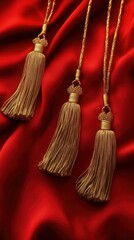 Golden tassels dangle against a deep red silk background with graceful motion. Vertical.