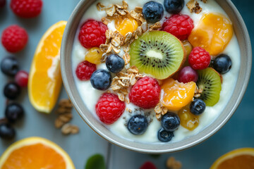 Serving Healthy Yogurt Bowl with Fresh Fruits and Granola Toppings