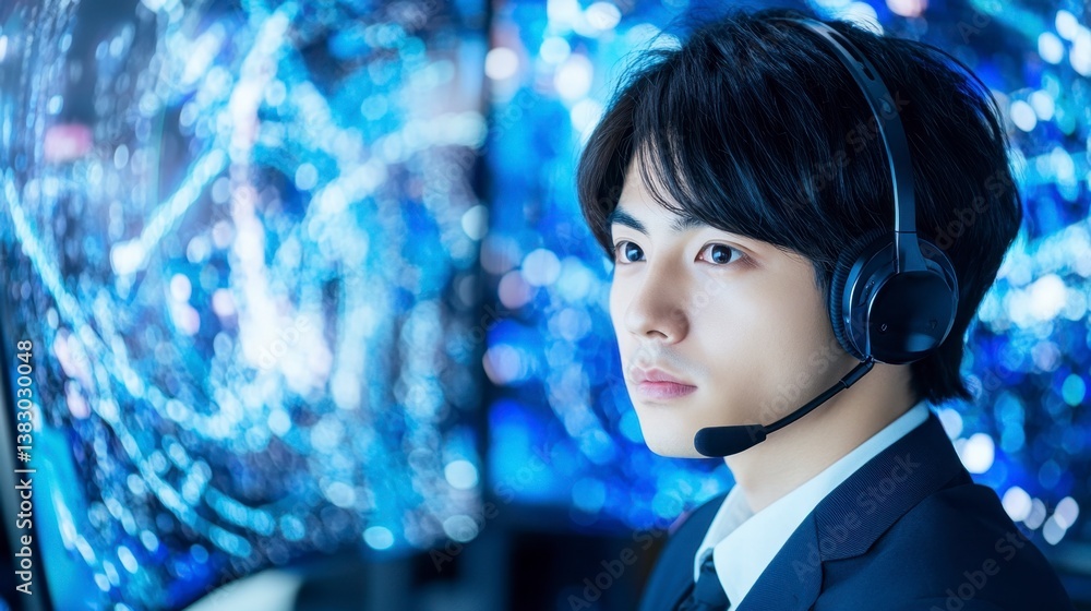 Poster focused young man in a suit and headset, working in front of large computer screens displaying blue 
