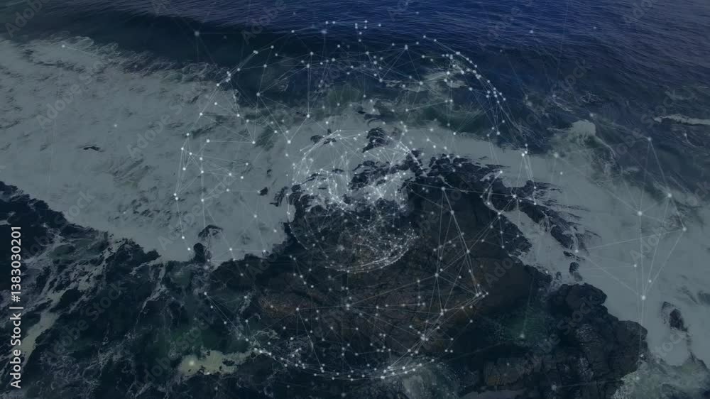 Poster network of connections and data processing animation over rocky ocean shoreline