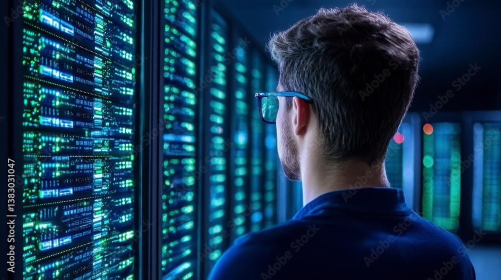 Poster man in glasses observing rows of illuminated server racks in a dark server room.
