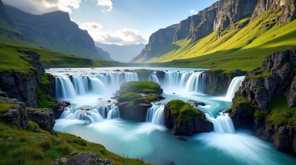 Fototapeta premium Professional photo of Steinsdalsfossen waterfall in Norway during midday, with sunny weather, shot from a panoramic angle.