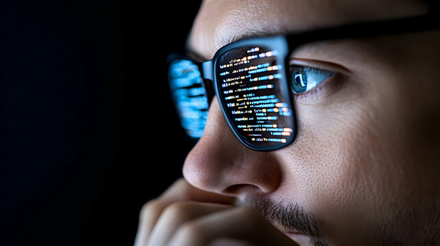 A focused developer wearing glasses to view digital technology while analyzing programming code
