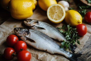 Fresh Raw Fish Preparing with Lemon and Tomatoes for Healthy Cooking