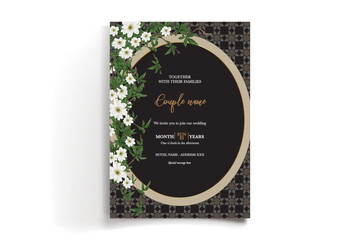 WEDDING INVITATION FRAME WITH FLOWER DECORATIONS AND FRESH LEAVES