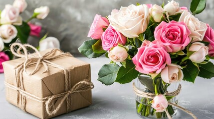 A small bouquet of pink and white roses in an elegant vase, with a gift box wrapped