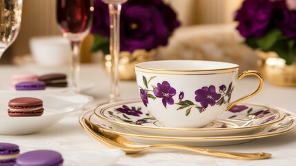 Fototapeta premium Elegant tea setting with floral china, colorful macarons, and purple flowers in a luxurious background