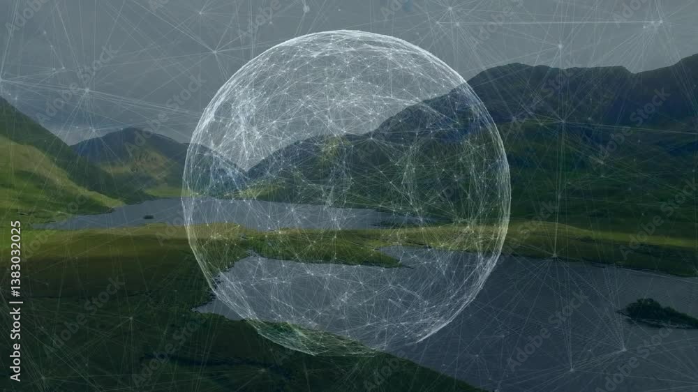 Poster data processing animation showing network of connections over landscape scenery