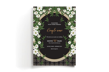 WEDDING INVITATION FRAME WITH FLOWER DECORATIONS AND FRESH LEAVES