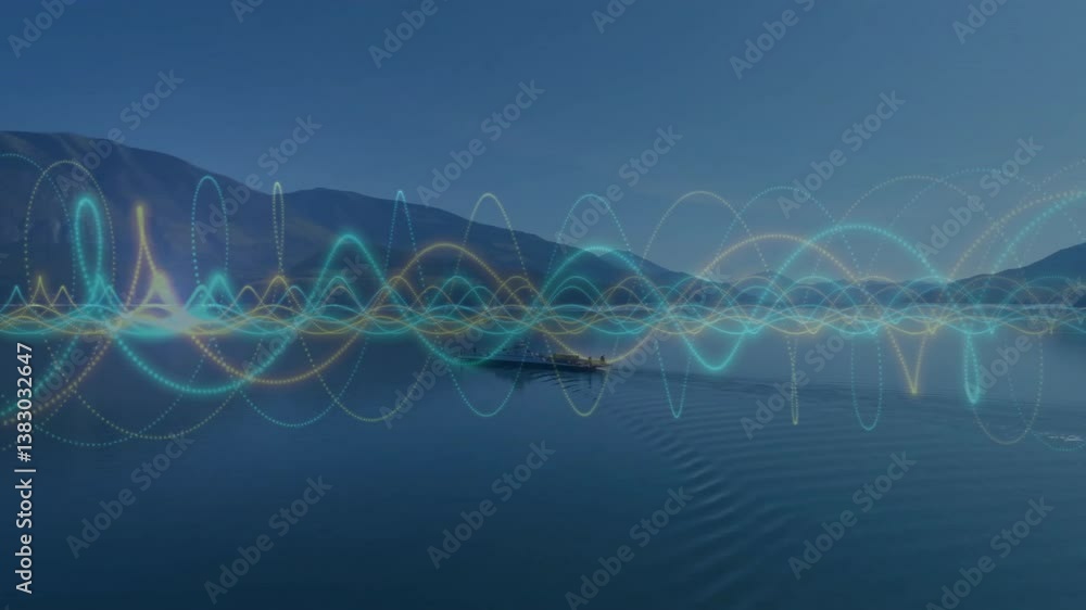 Poster animation of colorful wave patterns over serene lake with distant mountains